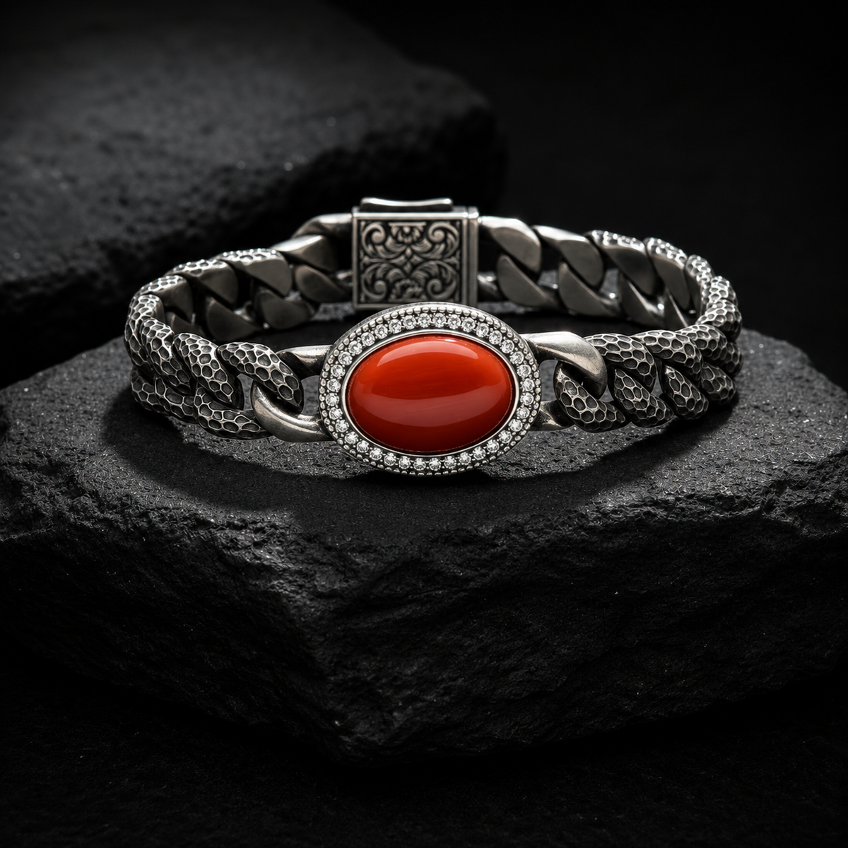 RARE PRINCE by CARAT SUTRA | Unique Style Natural Red Coral Bracelet | 925 Sterling Silver Oxidized Bracelet | With Certificate of Authenticity and 925 Hallmark - caratsutra