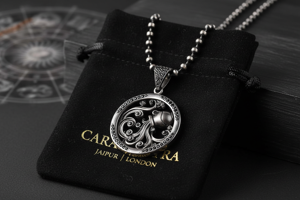 RARE PRINCE by CARAT SUTRA | Unique Aquarius Zodiac Designed Pendant Studded with Black Zircons | Unisex 925 Sterling Silver Oxidized Pendant | Men's Jewelry | With Certificate of Authenticity and 925 Hallmark - caratsutra