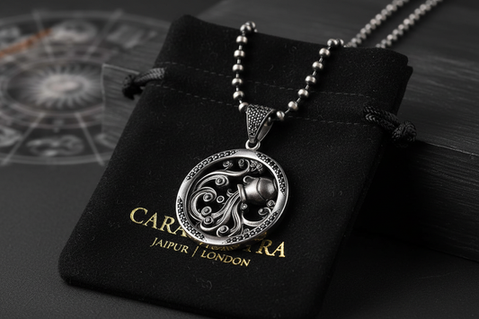 RARE PRINCE by CARAT SUTRA | Unique Aquarius Zodiac Designed Pendant Studded with Black Zircons | Unisex 925 Sterling Silver Oxidized Pendant | Men's Jewelry | With Certificate of Authenticity and 925 Hallmark - caratsutra