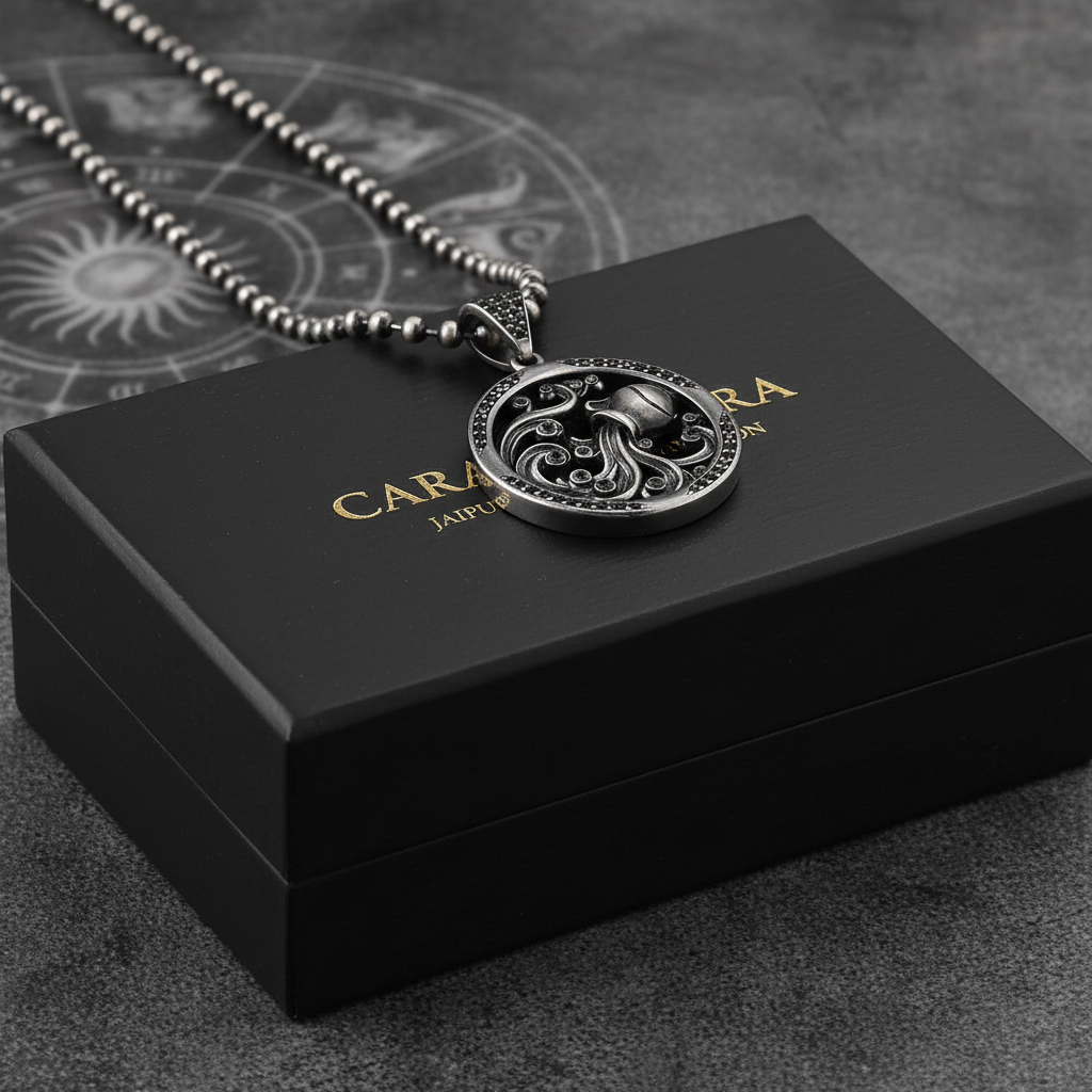 RARE PRINCE by CARAT SUTRA | Unique Aquarius Zodiac Designed Pendant Studded with Black Zircons | Unisex 925 Sterling Silver Oxidized Pendant | Men's Jewelry | With Certificate of Authenticity and 925 Hallmark - caratsutra