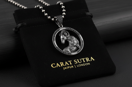 RARE PRINCE by CARAT SUTRA | Unique Aries Zodiac Designed Pendant Studded with Black Zircons | Unisex 925 Sterling Silver Oxidized Pendant | Men's Jewelry | With Certificate of Authenticity and 925 Hallmark - caratsutra