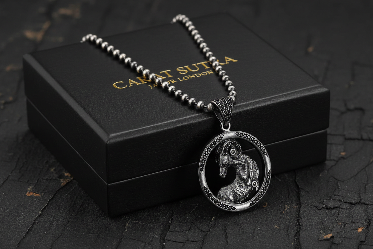 RARE PRINCE by CARAT SUTRA | Unique Aries Zodiac Designed Pendant Studded with Black Zircons | Unisex 925 Sterling Silver Oxidized Pendant | Men's Jewelry | With Certificate of Authenticity and 925 Hallmark - caratsutra