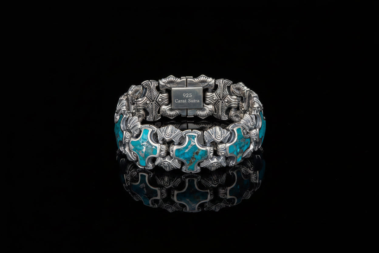 Unique Heavy Retro Design Bracelet with Natural Irani Turquoise (Firoza) for Men | 925 Sterling Silver Bracelet | With Certificate of Authenticity and 925 Hallmark
