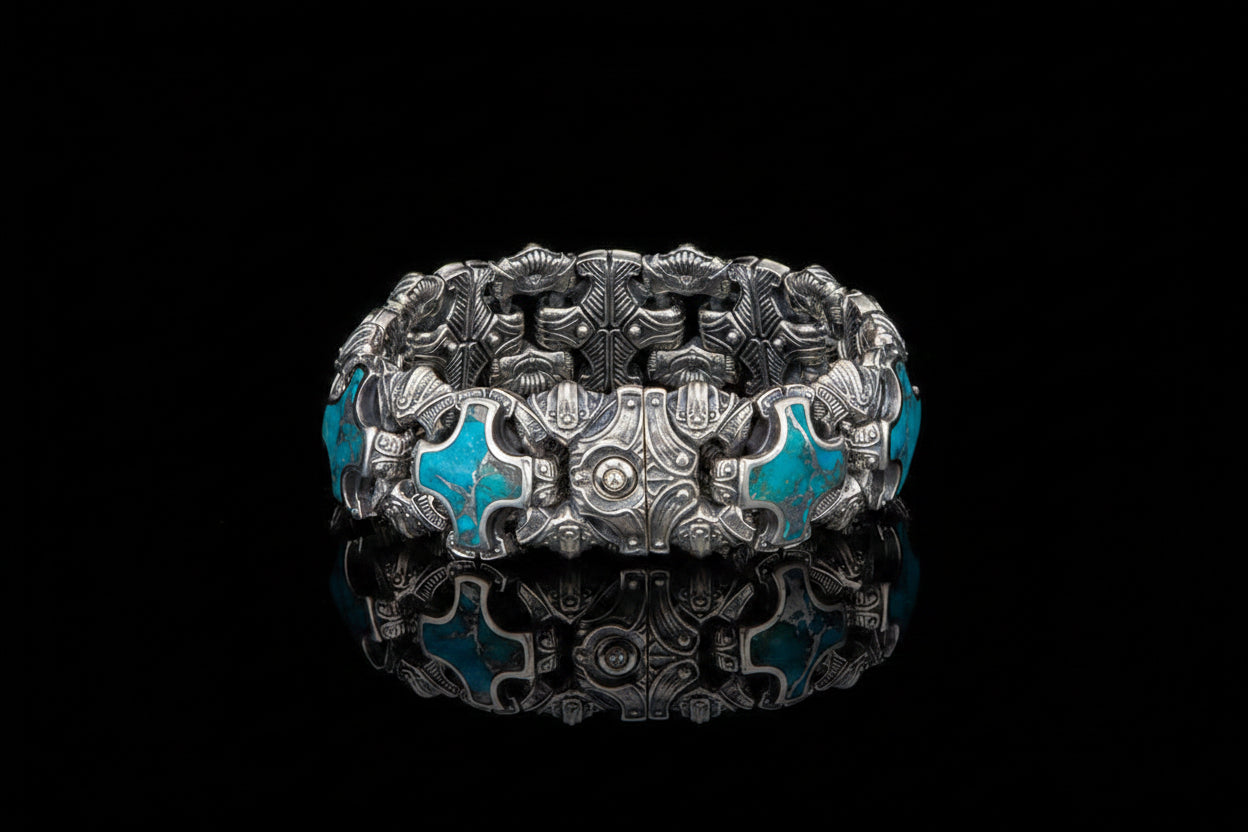 Unique Heavy Retro Design Bracelet with Natural Irani Turquoise (Firoza) for Men | 925 Sterling Silver Bracelet | With Certificate of Authenticity and 925 Hallmark