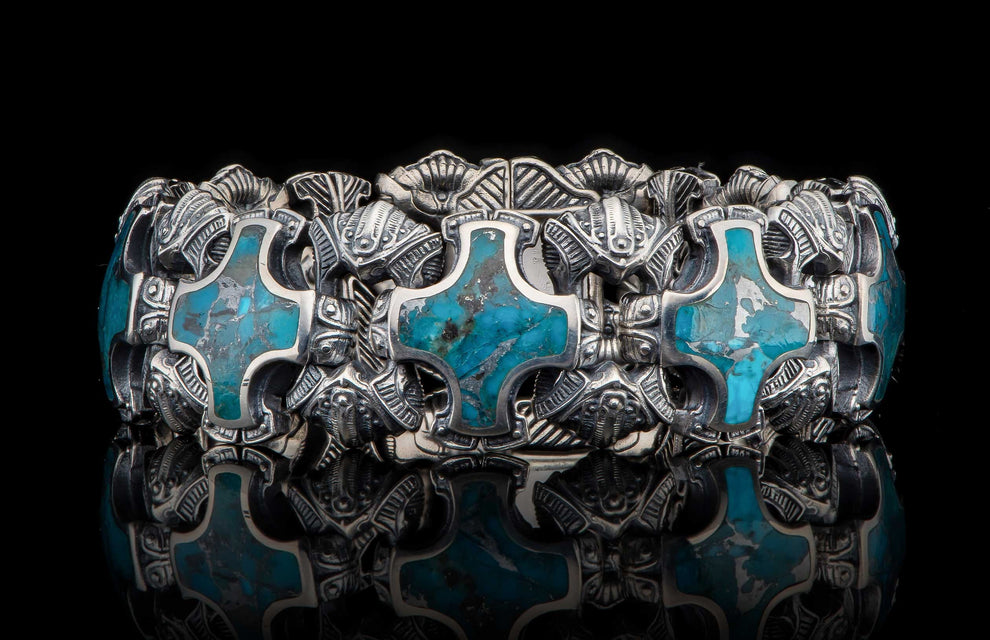 Unique Heavy Retro Design Bracelet with Natural Irani Turquoise (Firoza) for Men | 925 Sterling Silver Bracelet | With Certificate of Authenticity and 925 Hallmark