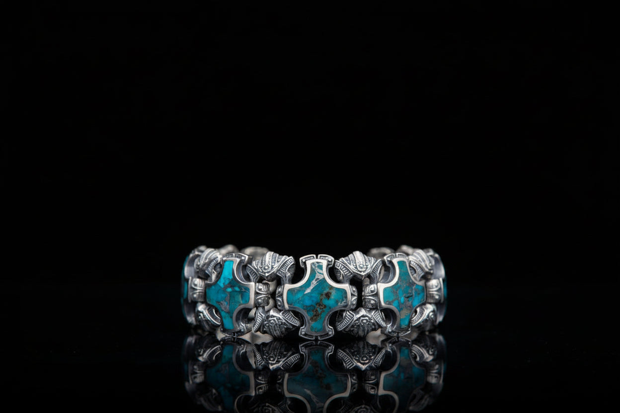 Unique Heavy Retro Design Bracelet with Natural Irani Turquoise (Firoza) for Men | 925 Sterling Silver Bracelet | With Certificate of Authenticity and 925 Hallmark