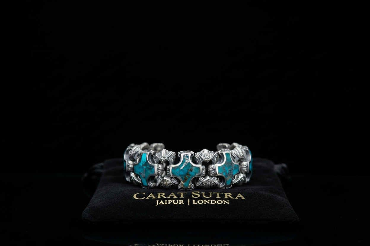 Unique Heavy Retro Design Bracelet with Natural Irani Turquoise (Firoza) for Men | 925 Sterling Silver Bracelet | With Certificate of Authenticity and 925 Hallmark