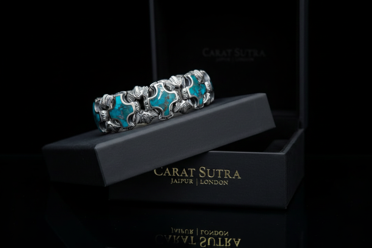 Unique Heavy Retro Design Bracelet with Natural Irani Turquoise (Firoza) for Men | 925 Sterling Silver Bracelet | With Certificate of Authenticity and 925 Hallmark