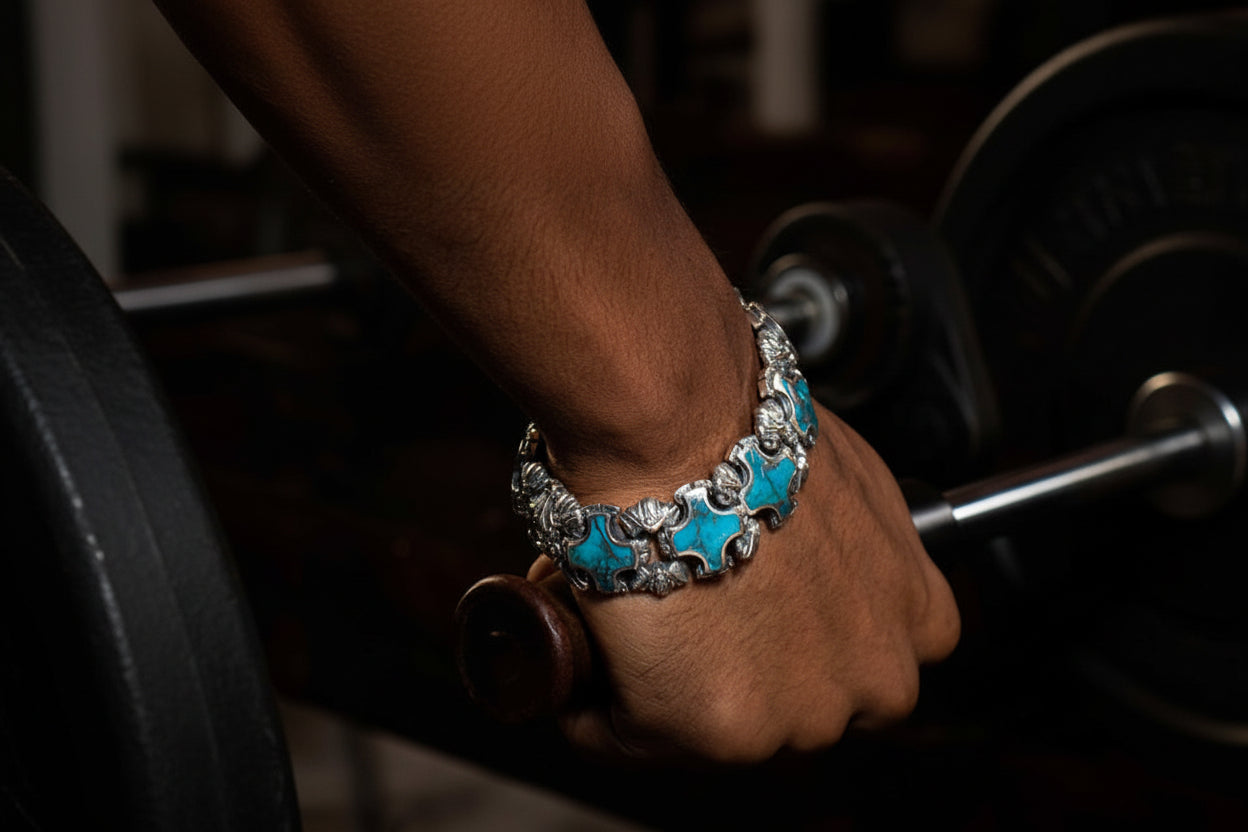 Unique Heavy Retro Design Bracelet with Natural Irani Turquoise (Firoza) for Men | 925 Sterling Silver Bracelet | With Certificate of Authenticity and 925 Hallmark