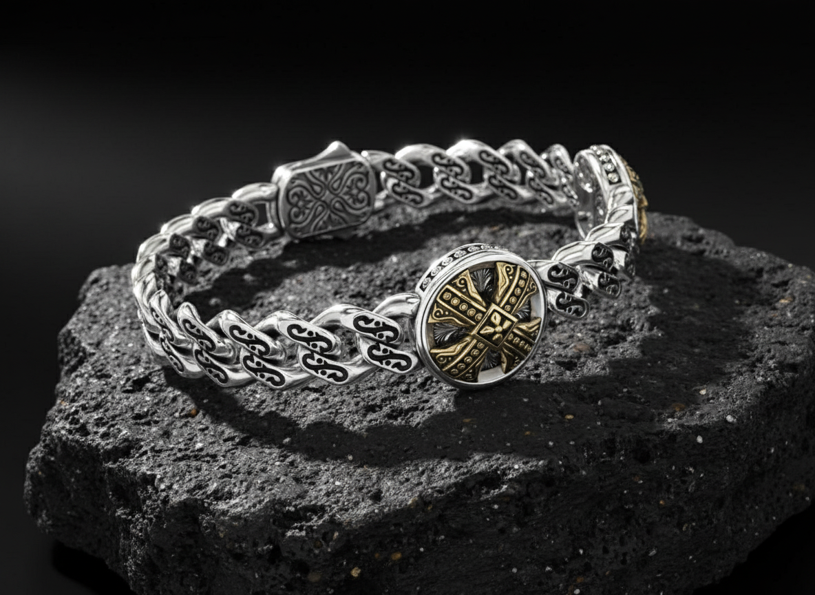 RARE PRINCE by CARAT SUTRA | Unique Antique Cross Designed Bracelet for Men | 925 Oxidized Silver Bracelet | Men's Jewelry | With Certificate of Authenticity and 925 Hallmark