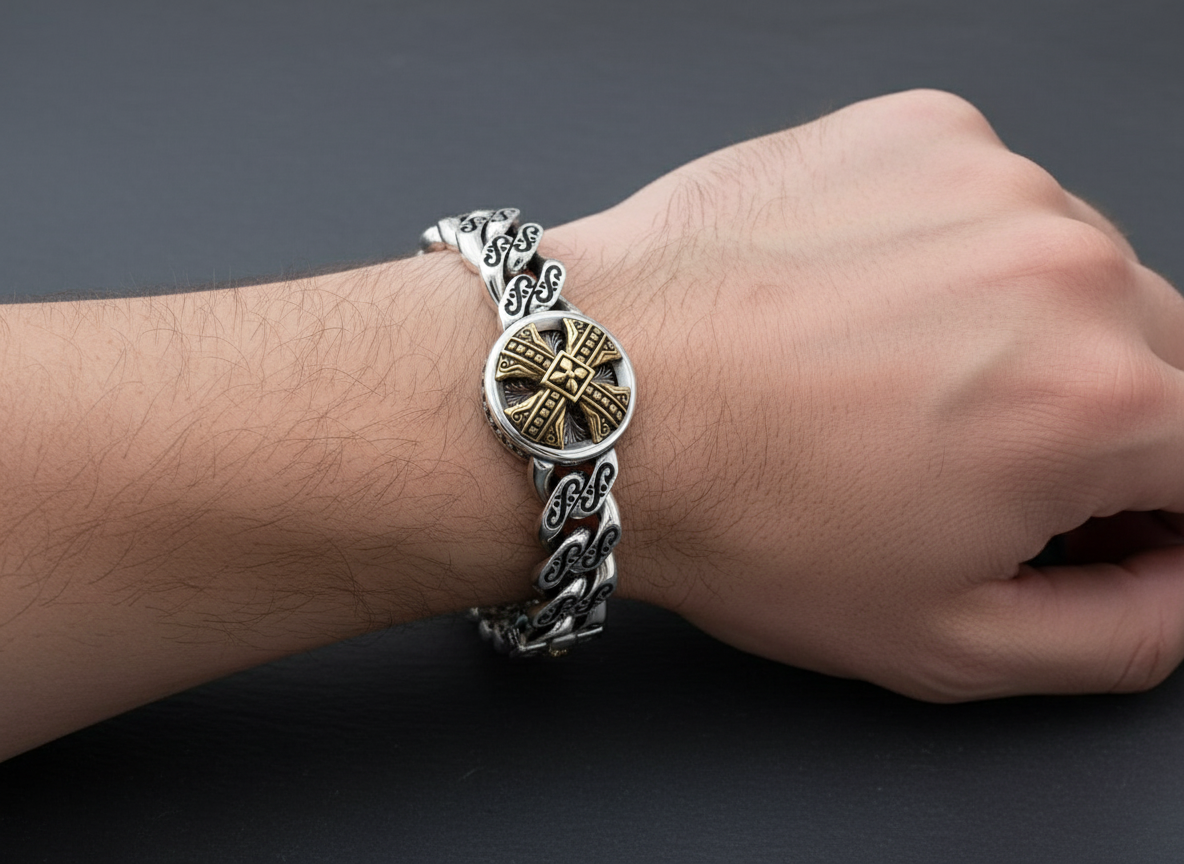 RARE PRINCE by CARAT SUTRA | Unique Antique Cross Designed Bracelet for Men | 925 Oxidized Silver Bracelet | Men's Jewelry | With Certificate of Authenticity and 925 Hallmark