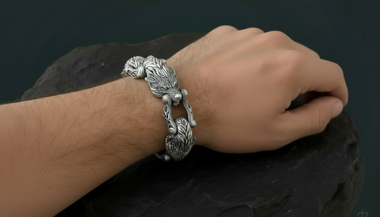 Unique Designed Wolf Bracelet for Men | 925 Sterling Silver Bracelet | Men's Jewelry | With Certificate of Authenticity and 925 Hallmark