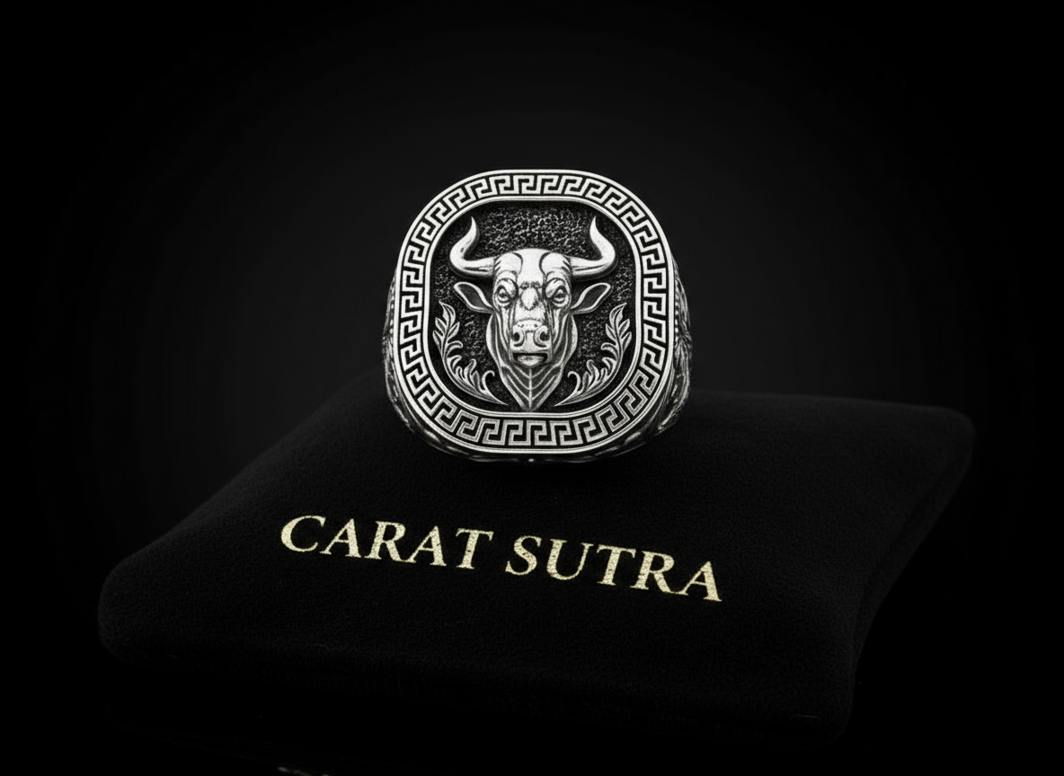 RARE PRINCE by CARAT SUTRA | Unique Taurus Zodiac Designed Bull Ring | 925 Sterling Silver Oxidized Ring | Men's Jewelry | With Certificate of Authenticity and 925 Hallmark - caratsutra