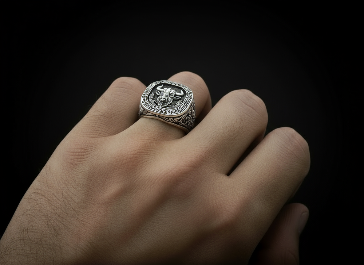 RARE PRINCE by CARAT SUTRA | Unique Taurus Zodiac Designed Bull Ring | 925 Sterling Silver Oxidized Ring | Men's Jewelry | With Certificate of Authenticity and 925 Hallmark - caratsutra