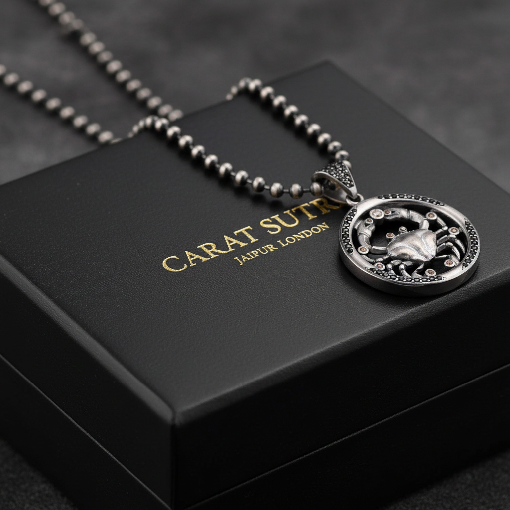 RARE PRINCE by CARAT SUTRA | Unique Cancer Zodiac Designed Pendant Studded with Black Zircons | Unisex 925 Sterling Silver Oxidized Pendant | Men's Jewelry | With Certificate of Authenticity and 925 Hallmark - caratsutra