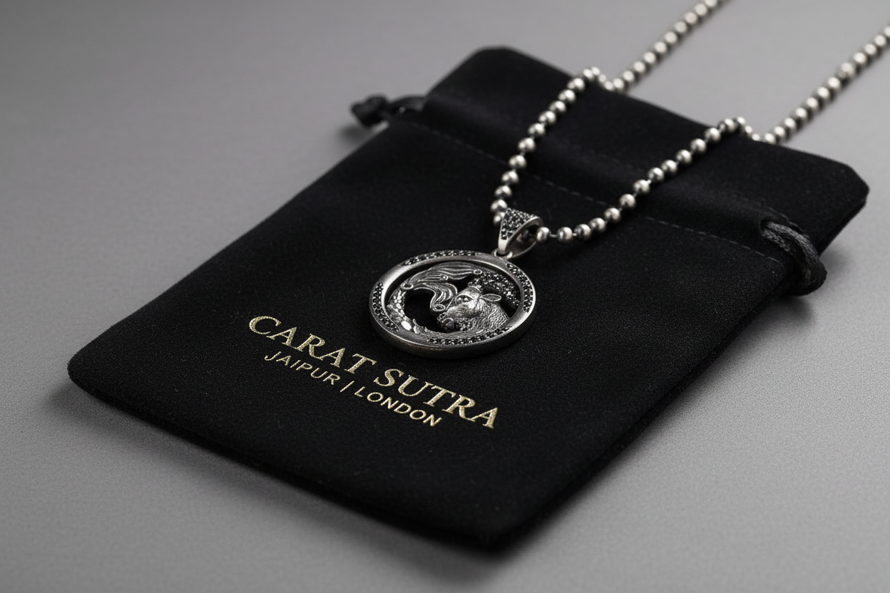 RARE PRINCE by CARAT SUTRA | Unique Capricorn Zodiac Designed Pendant Studded with Black Zircons | Unisex 925 Sterling Silver Oxidized Pendant | Men's Jewelry | With Certificate of Authenticity and 925 Hallmark - caratsutra