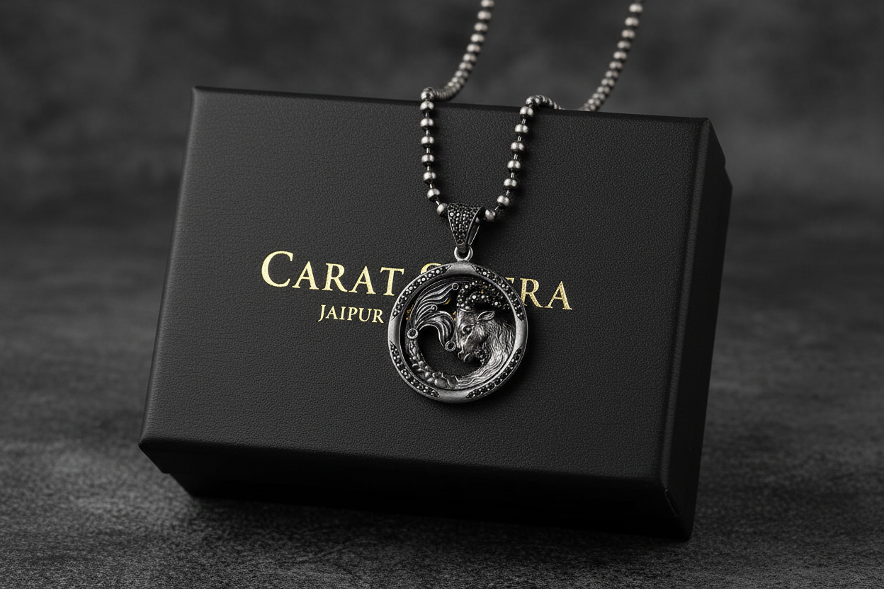 RARE PRINCE by CARAT SUTRA | Unique Capricorn Zodiac Designed Pendant Studded with Black Zircons | Unisex 925 Sterling Silver Oxidized Pendant | Men's Jewelry | With Certificate of Authenticity and 925 Hallmark - caratsutra