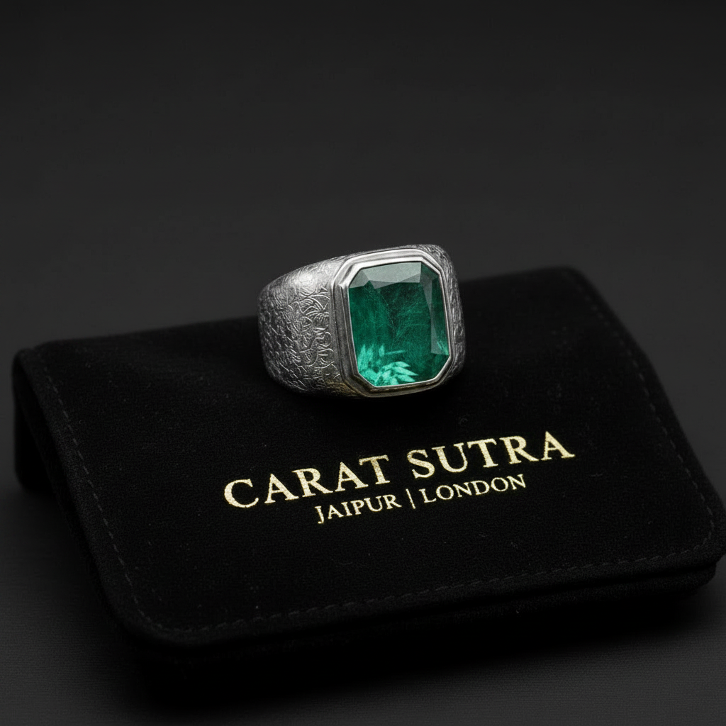 Floral Engraving Finish, Classic Style Ring with 8ct Natural Zambian Emerald Stone | 925 Sterling Silver | With Certificate of Authenticity and 925 Hallmark