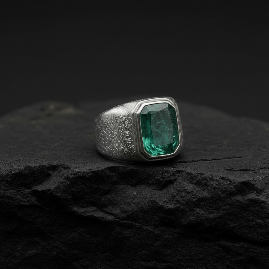 Floral Engraving Finish, Classic Style Ring with 8ct Natural Zambian Emerald Stone | 925 Sterling Silver | With Certificate of Authenticity and 925 Hallmark