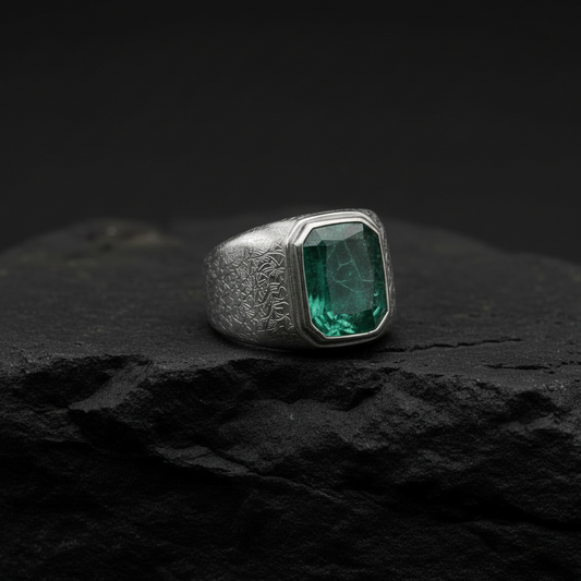 Floral Engraving Finish, Classic Style Ring with 8ct Natural Zambian Emerald Stone | 925 Sterling Silver | With Certificate of Authenticity and 925 Hallmark