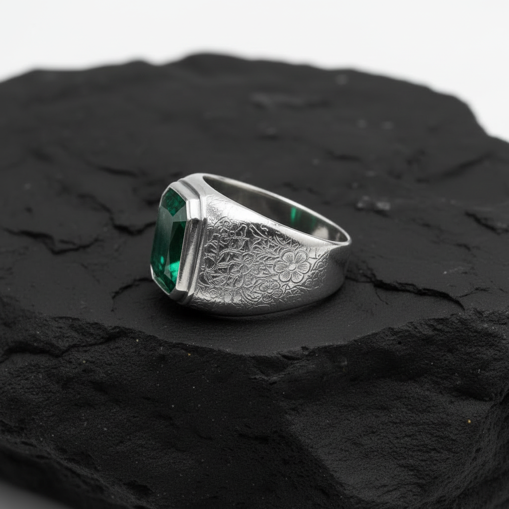 Floral Engraving Finish, Classic Style Ring with 8ct Natural Zambian Emerald Stone | 925 Sterling Silver | With Certificate of Authenticity and 925 Hallmark