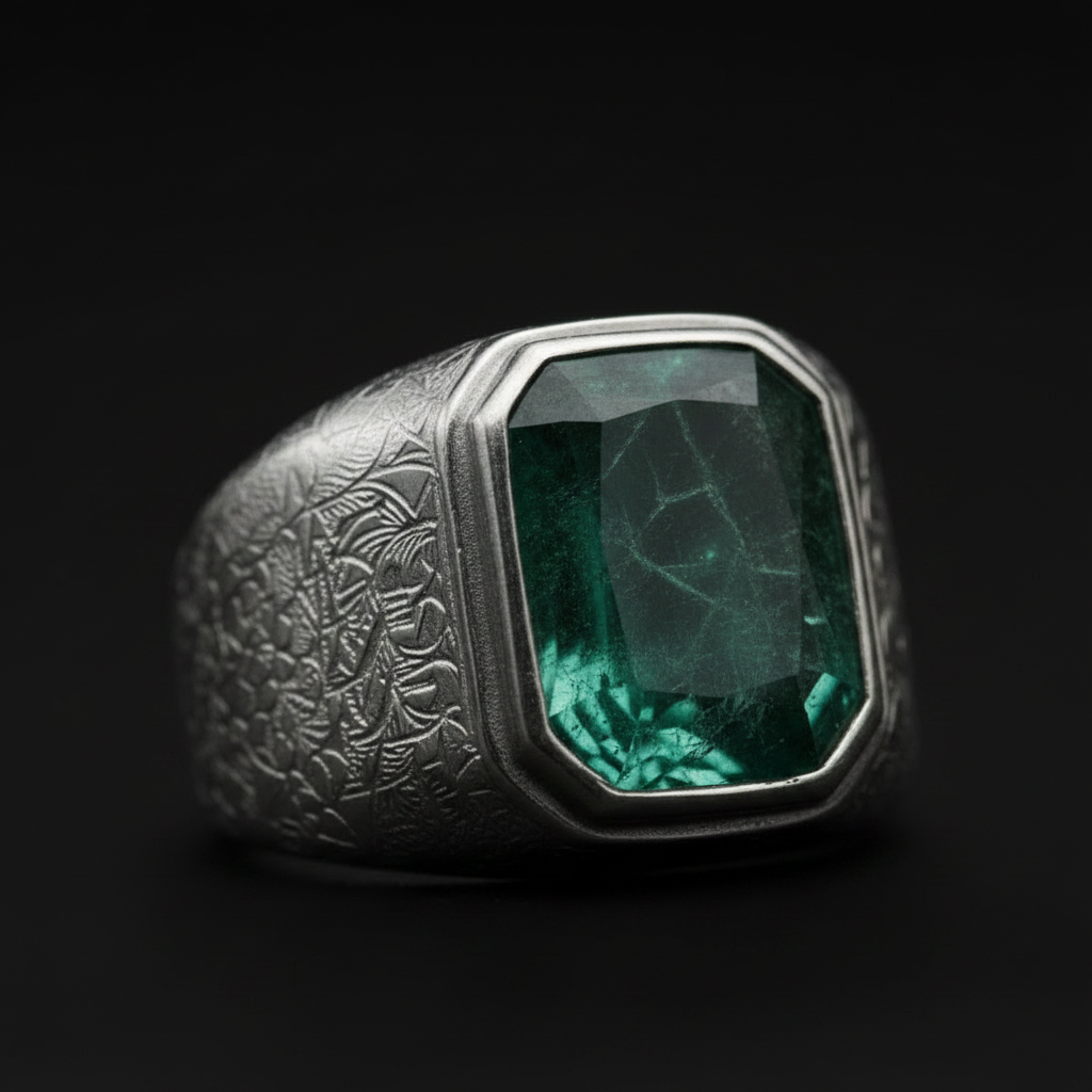 Floral Engraving Finish, Classic Style Ring with 8ct Natural Zambian Emerald Stone | 925 Sterling Silver | With Certificate of Authenticity and 925 Hallmark - caratsutra