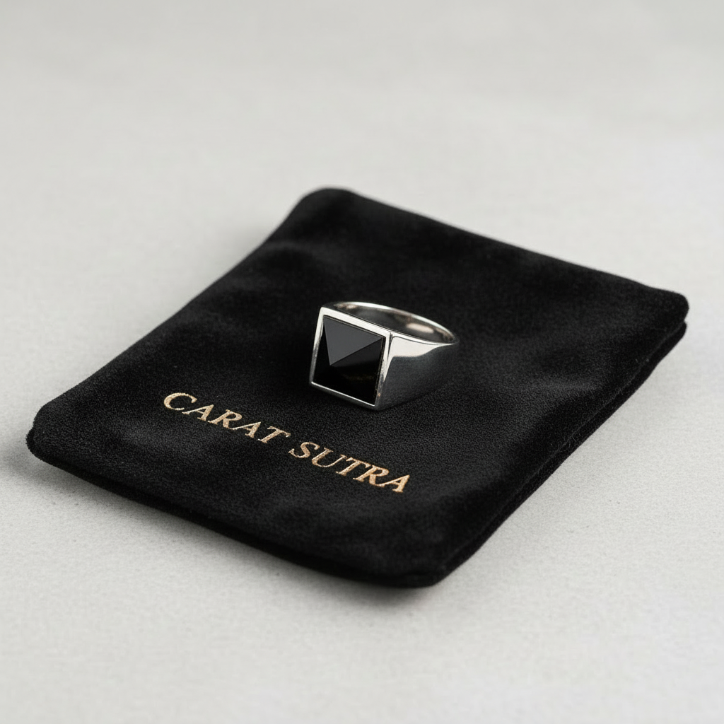 RARE PRINCE by CARAT SUTRA | Exclusive Classic Style Ring with Natural Pyramidal Black Onyx | Sterling Silver 925 Ring | Jewellery for Men| With Certificate of Authenticity and 925 Hallmark