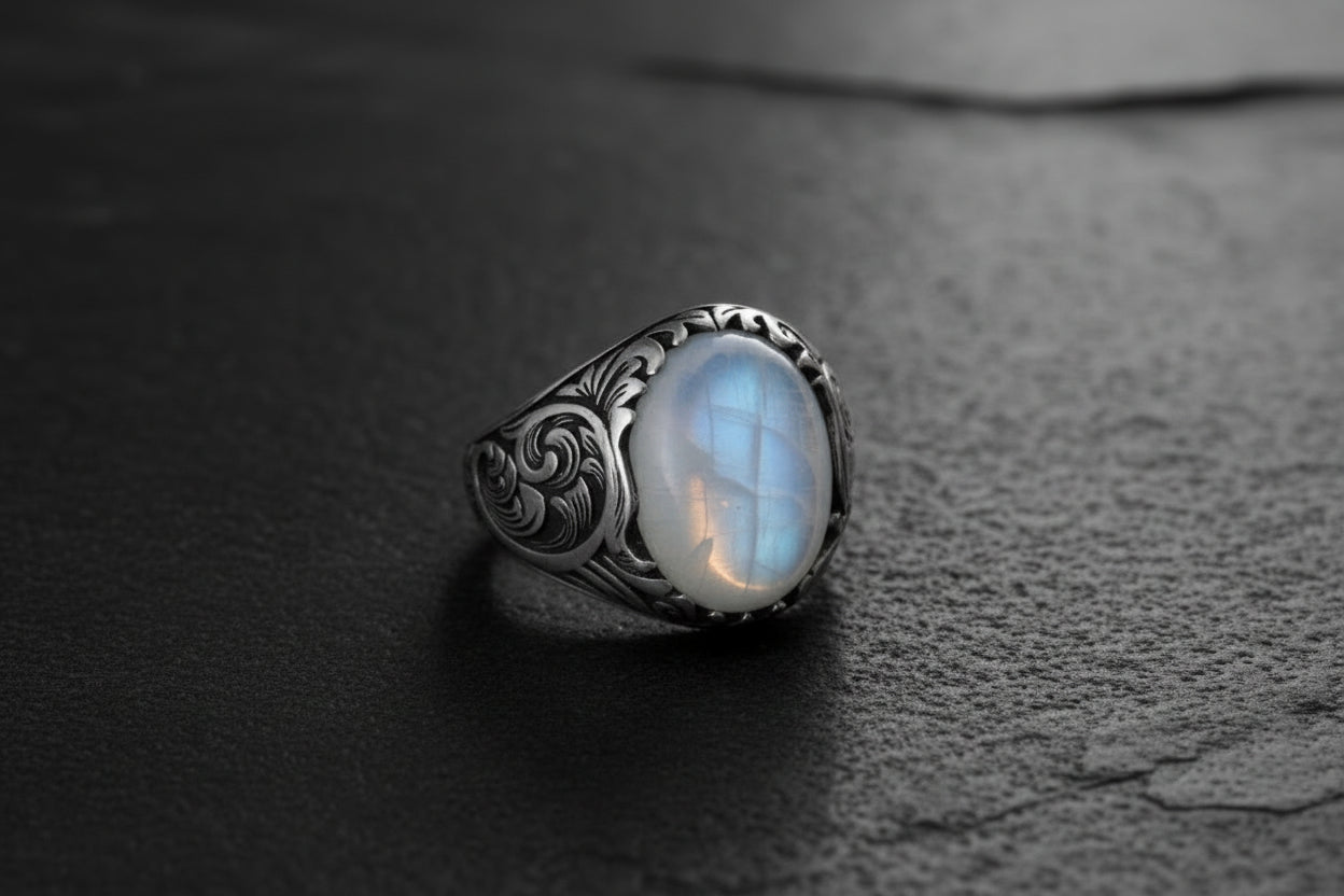 RARE PRINCE by CARAT SUTRA | Unique Designed Turkish Style Ring with Natural Moonstone | 925 Sterling Silver Oxidized Ring | With Certificate of Authenticity and 925 Hallmark