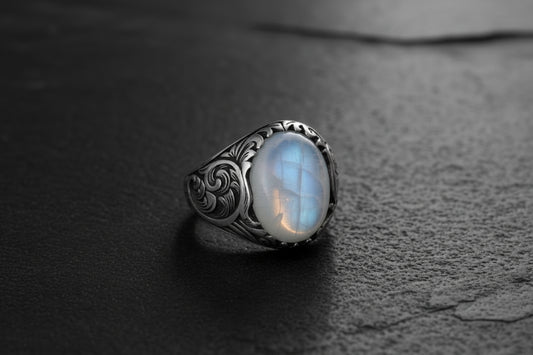 RARE PRINCE by CARAT SUTRA | Unique Designed Turkish Style Ring with Natural Moonstone | 925 Sterling Silver Oxidized Ring | With Certificate of Authenticity and 925 Hallmark