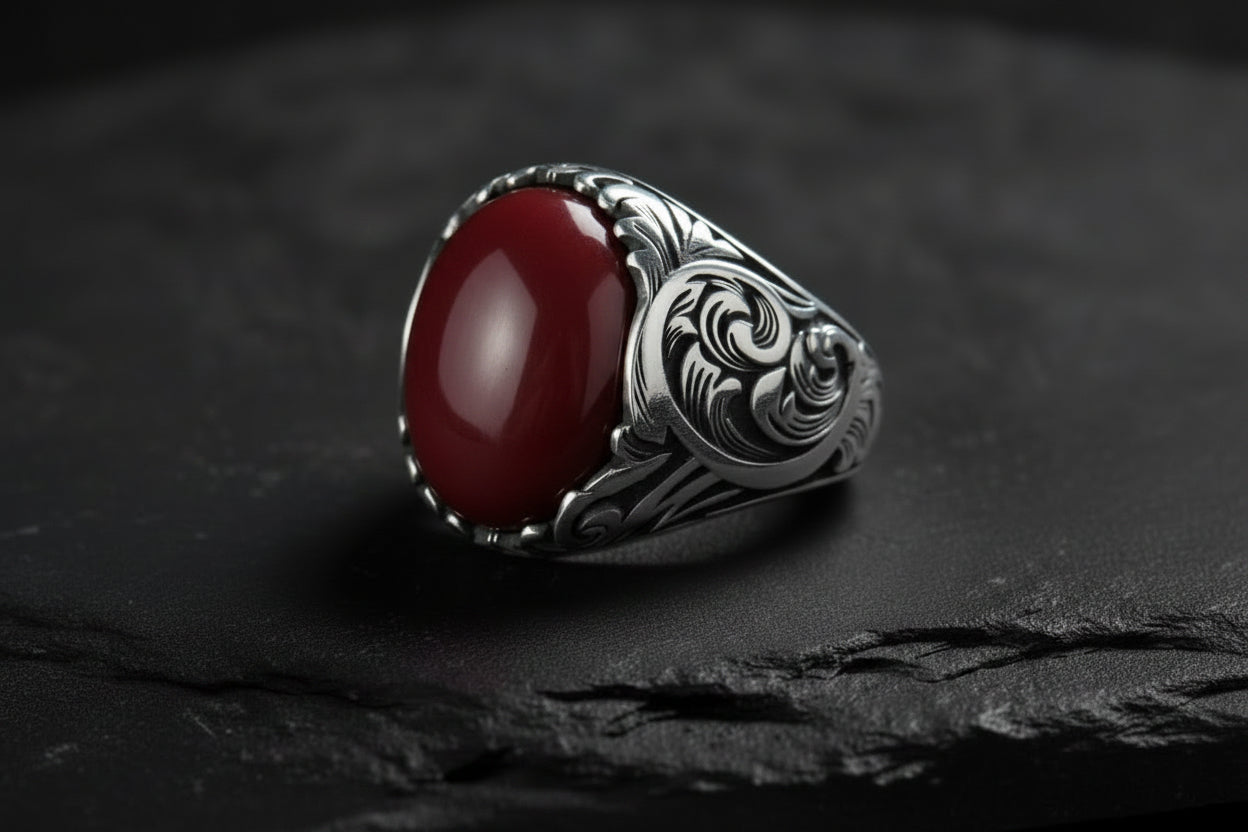 RARE PRINCE by CARAT SUTRA | Unique Designed Turkish Style Ring with Natural Coral | 925 Sterling Silver Oxidized Ring | With Certificate of Authenticity and 925 Hallmark