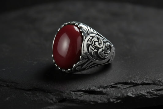 RARE PRINCE by CARAT SUTRA | Unique Designed Turkish Style Ring with Natural Coral | 925 Sterling Silver Oxidized Ring | With Certificate of Authenticity and 925 Hallmark
