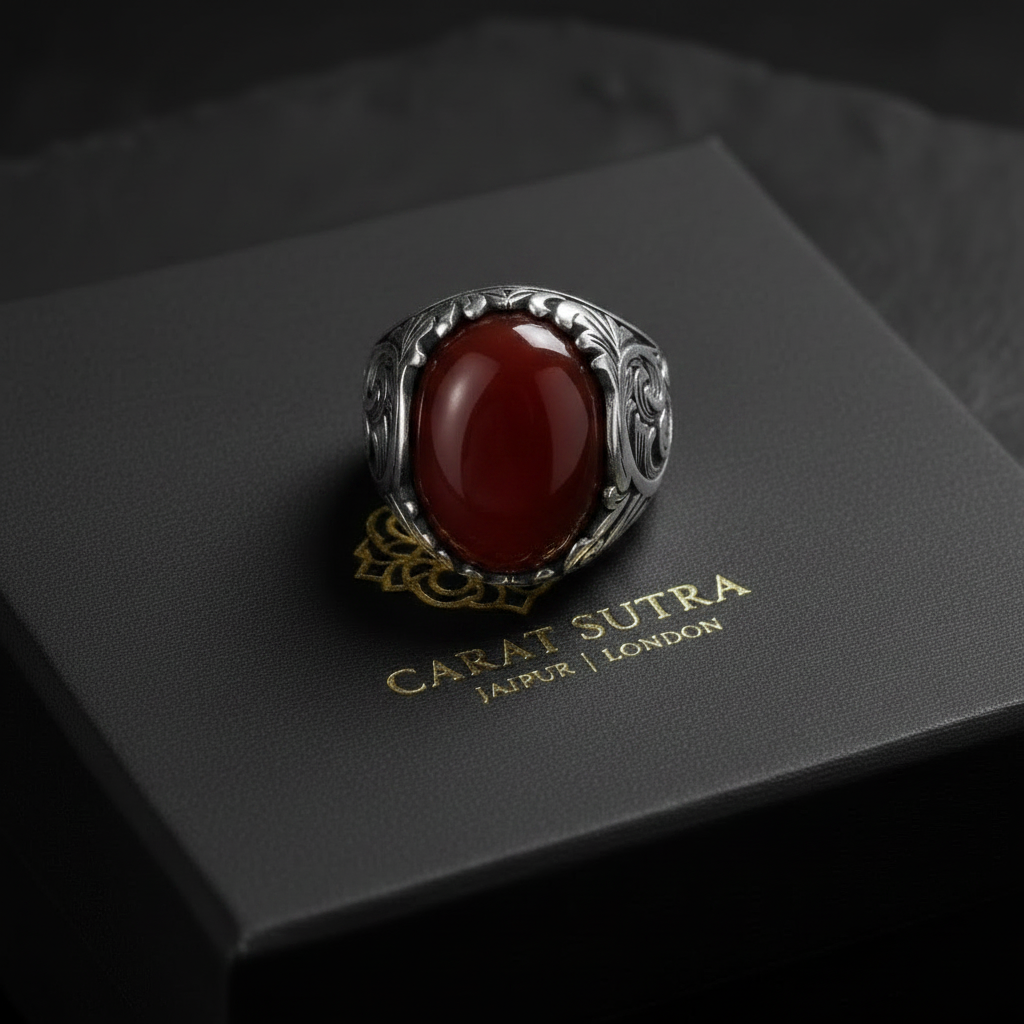 RARE PRINCE by CARAT SUTRA | Unique Designed Turkish Style Ring with Natural Coral | 925 Sterling Silver Oxidized Ring | With Certificate of Authenticity and 925 Hallmark