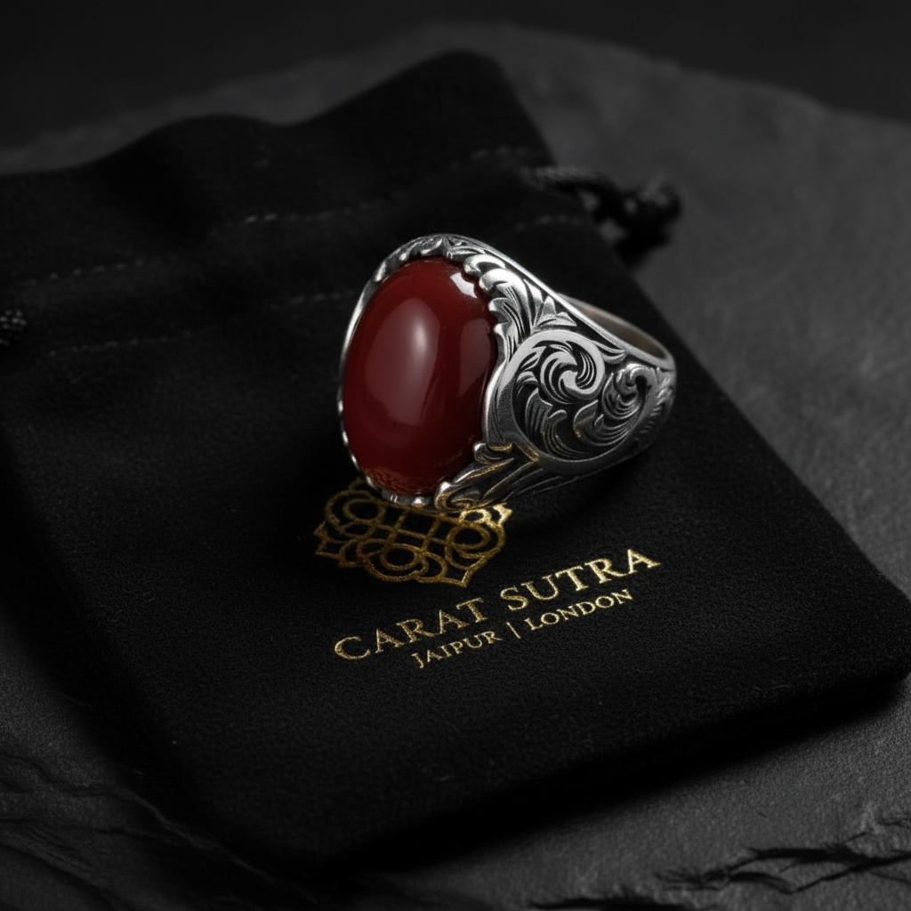 RARE PRINCE by CARAT SUTRA | Unique Designed Turkish Style Ring with Natural Coral | 925 Sterling Silver Oxidized Ring | With Certificate of Authenticity and 925 Hallmark
