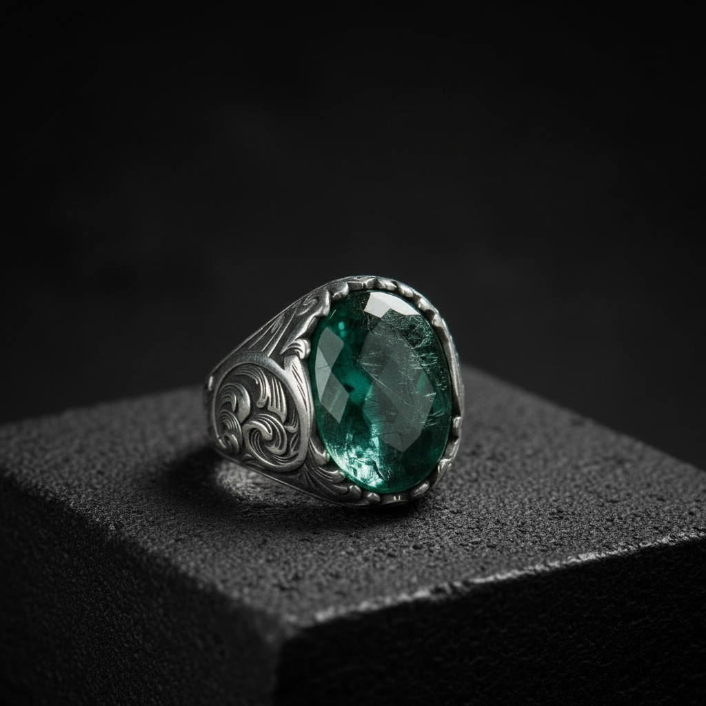 RARE PRINCE by CARAT SUTRA | Unique Designed Turkish Style Ring with Natural Zambian Emerald | 925 Sterling Silver Oxidized Ring | With Certificate of Authenticity and 925 Hallmark