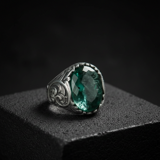 RARE PRINCE by CARAT SUTRA | Unique Designed Turkish Style Ring with Natural Zambian Emerald | 925 Sterling Silver Oxidized Ring | With Certificate of Authenticity and 925 Hallmark