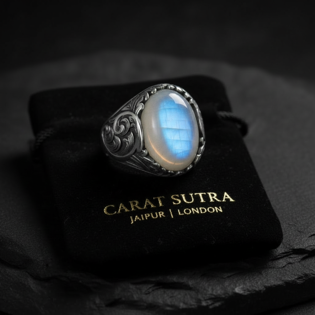 RARE PRINCE by CARAT SUTRA | Unique Designed Turkish Style Ring with Natural Moonstone | 925 Sterling Silver Oxidized Ring | With Certificate of Authenticity and 925 Hallmark