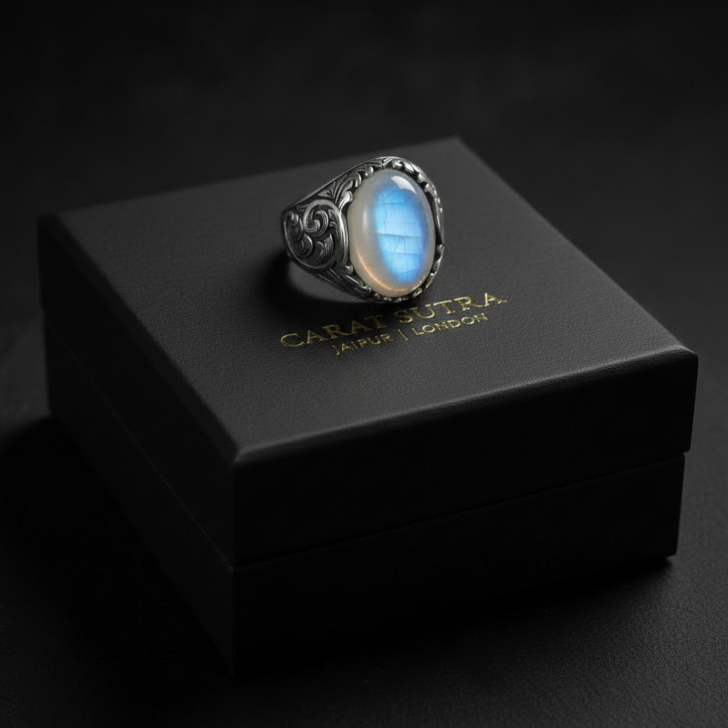 RARE PRINCE by CARAT SUTRA | Unique Designed Turkish Style Ring with Natural Moonstone | 925 Sterling Silver Oxidized Ring | With Certificate of Authenticity and 925 Hallmark