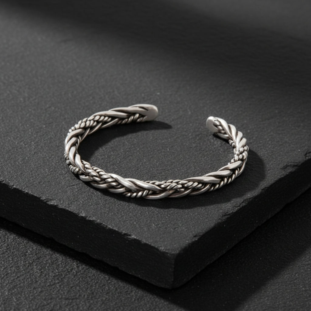 Handwoven Rope bangle | Matt / Shiny Finish Adjustable Cuff Style Bangle / kadaa | 925 Sterling Silver