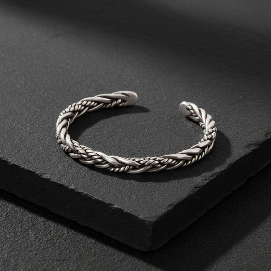 Handwoven Rope bangle | Matt / Shiny Finish Adjustable Cuff Style Bangle / kadaa | 925 Sterling Silver - caratsutra