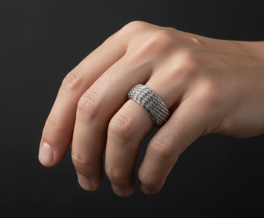 RARE PRINCE by CARAT SUTRA | Exclusive Eagle Feather Band Ring for Men, Oxidized Sterling Silver 925 Ring | Jewellery for Men| With Certificate of Authenticity and 925 Hallmark