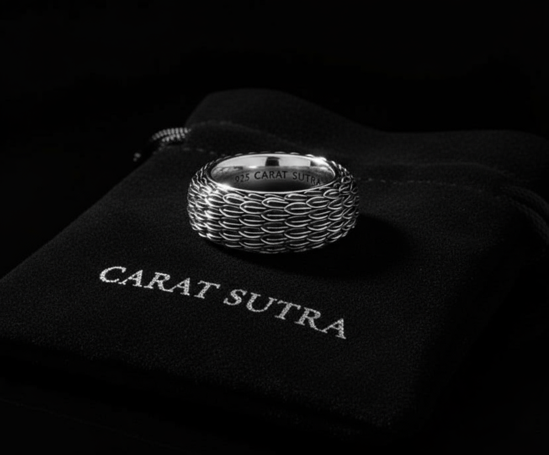 RARE PRINCE by CARAT SUTRA | Exclusive Eagle Feather Band Ring for Men, Oxidized Sterling Silver 925 Ring | Jewellery for Men| With Certificate of Authenticity and 925 Hallmark