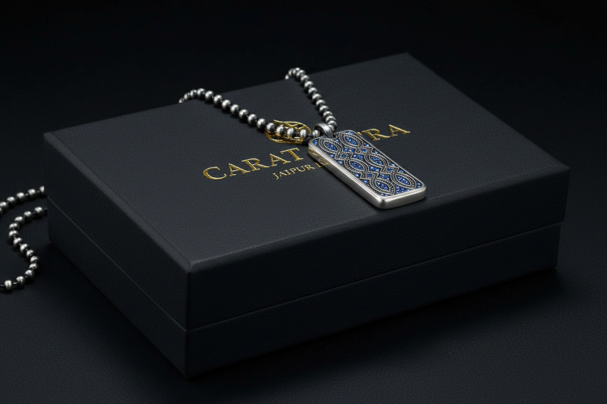 RARE PRINCE by CARAT SUTRA | Unique Designed Eternity Pendant Studded with Blue Cubic Zirconia for Men | 925 Sterling Silver Oxidized Pendant | Men's Jewelry | With Certificate of Authenticity and 925 Hallmark - caratsutra