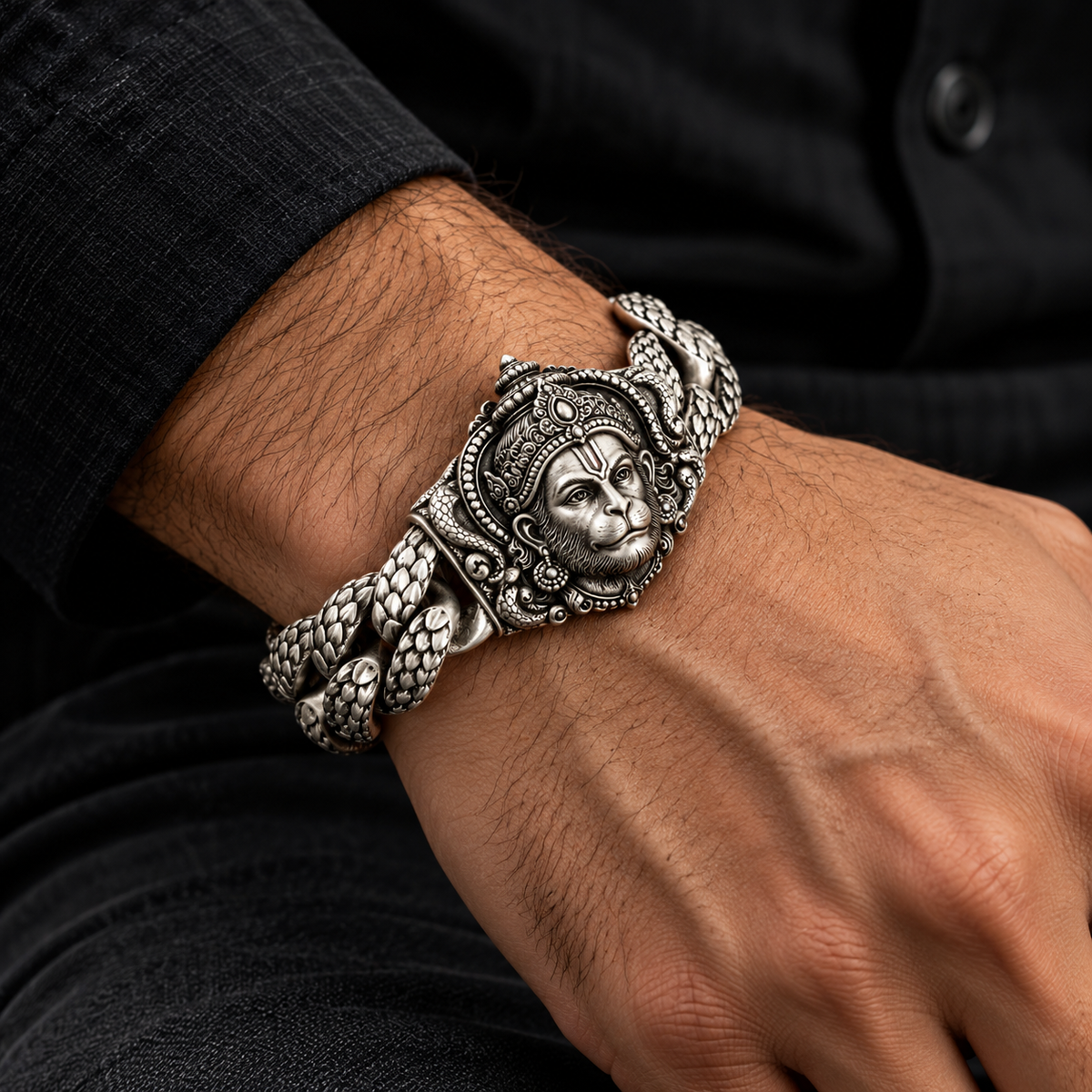 18mm wide, Matt Finish, Solid. 925 sterling silver bracelet with Hanuman Face, oxidized Cuban design | Sterling Silver Bracelet