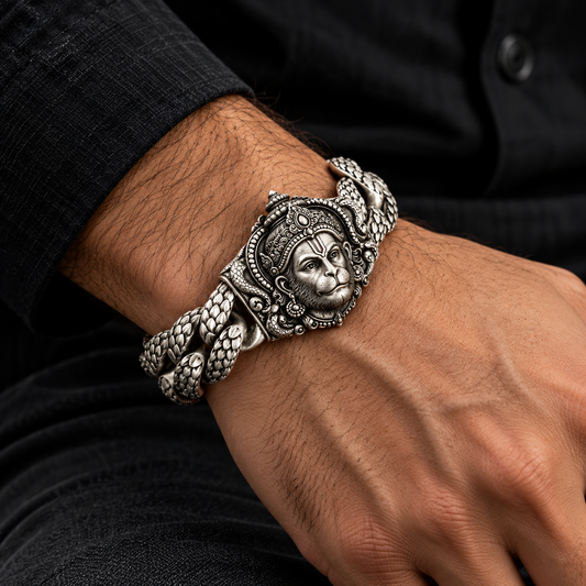 18mm wide, Matt Finish, Solid. 925 sterling silver bracelet with Hanuman Face, oxidized Cuban design | Sterling Silver Bracelet