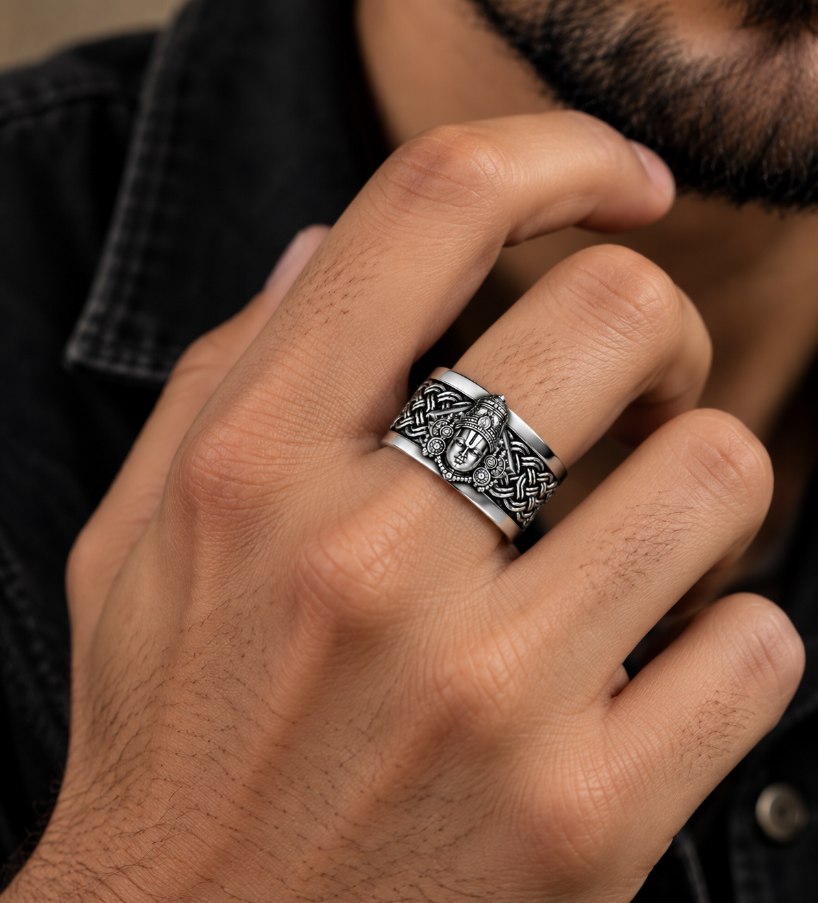 Solid 3D Balaji Face Band Ring | 925 Sterling Silver Oxidized Ring with Hallmark - caratsutra