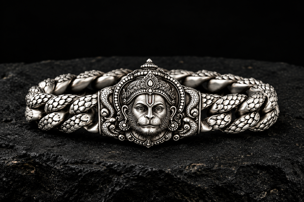 18mm wide, Matt Finish, Solid. 925 sterling silver bracelet with Hanuman Face, oxidized Cuban design | Sterling Silver Bracelet