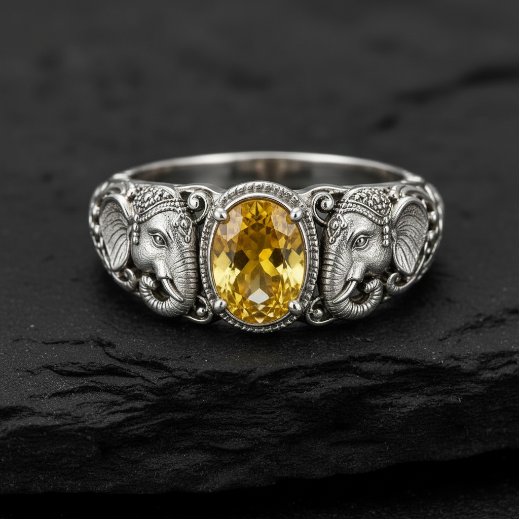 Antique Designed Elephant Band Ring studded with 6ct Natural Citrine Stone | 925 Sterling Silver Oxidized Ring | With Certificate of Authenticity and 925 Hallmark