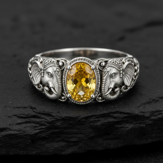 Antique Designed Elephant Band Ring studded with 6ct Natural Citrine Stone | 925 Sterling Silver Oxidized Ring | With Certificate of Authenticity and 925 Hallmark