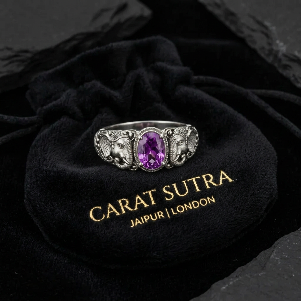 Antique Designed Elephant Band Ring studded with 6ct Natural Amethyst Stone | 925 Sterling Silver Oxidized Ring