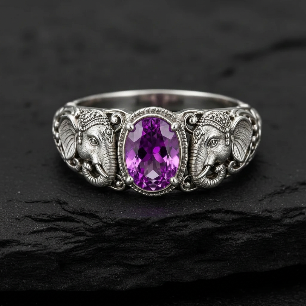 Antique Designed Elephant Band Ring studded with 6ct Natural Amethyst Stone | 925 Sterling Silver Oxidized Ring